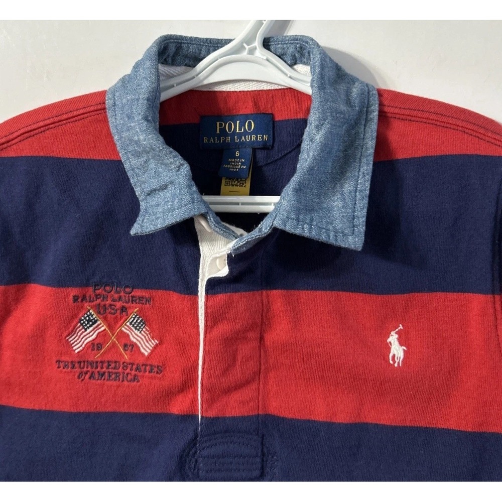 Boys POLO RALPH LAUREN Rugby Polo Shirt USA Flag Denim Collar Sz 6 EC